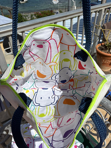 Interior coconut retriever pattern for satchel and tote.